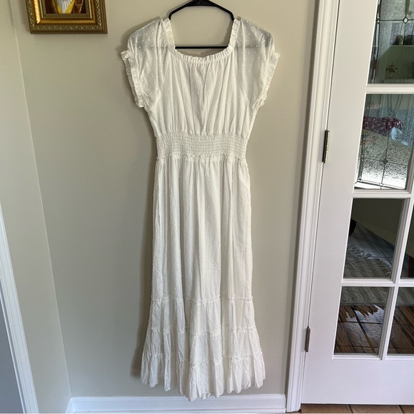 Betsey Johnson White Maxi Dress SZ M Swiss Dot Smocked Waist Boho Ruffle Cottage - Picture 2 of 11